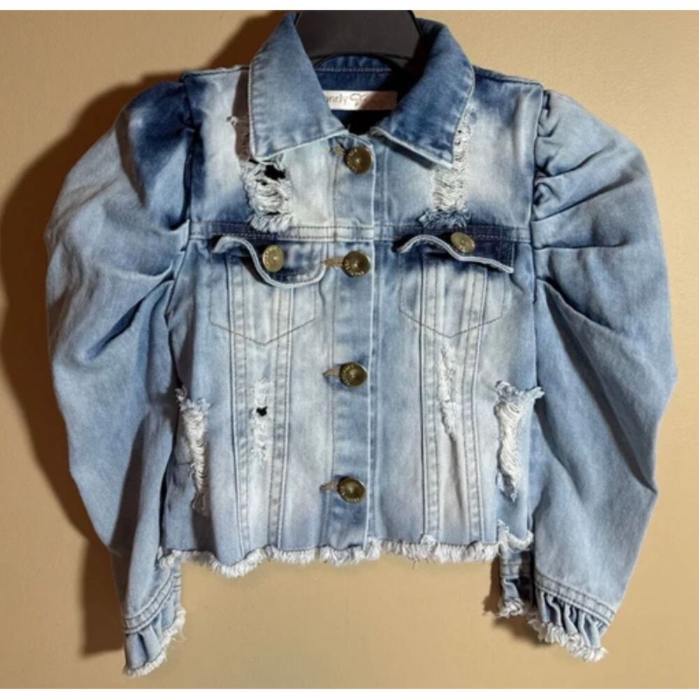 Tandy Bee Blue Gold Button Up Distressed Denim Poof Sleeve Jacket 3t Girls 2014